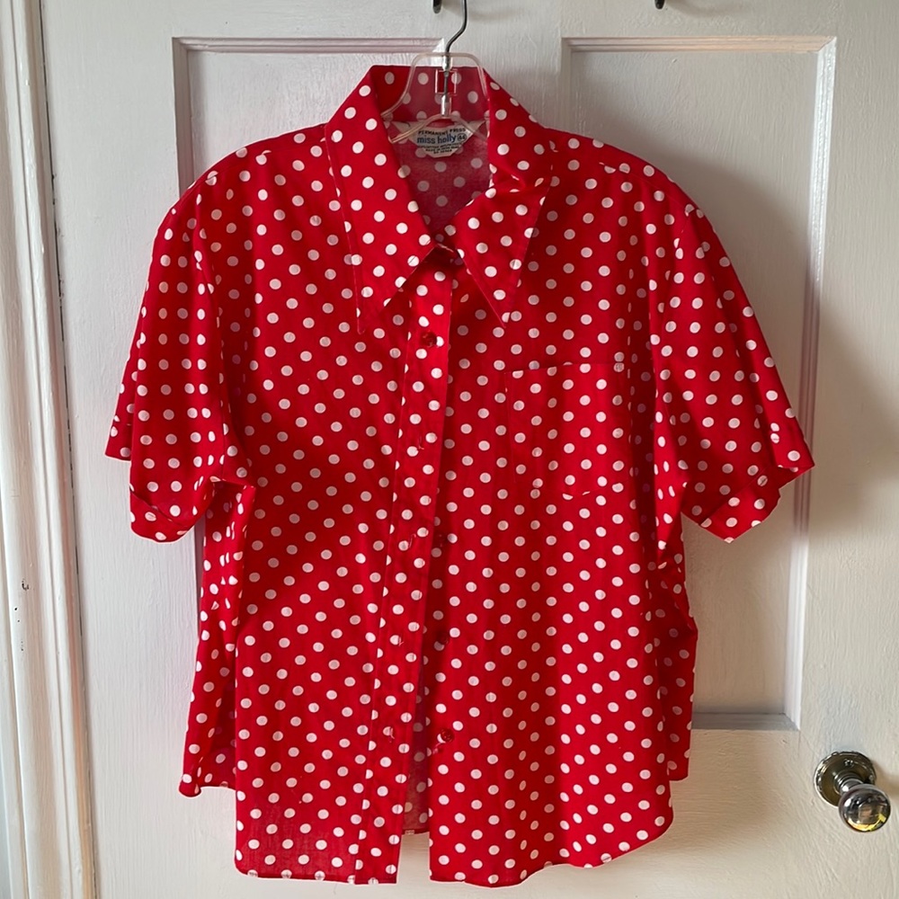 True vintage Polka Dot button down short sleeve Oxford shirt Miss Holly women L
